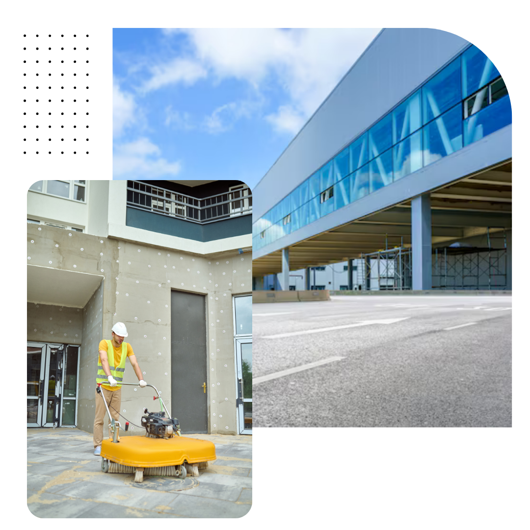 Cleaning crew working diligently to clean the floor and surfaces in a busy transport depot, maintaining high standards of hygiene and organization