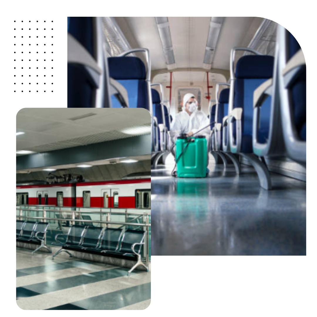 Cleaning staff sanitizing and maintaining a metro and train station for a hygienic environment